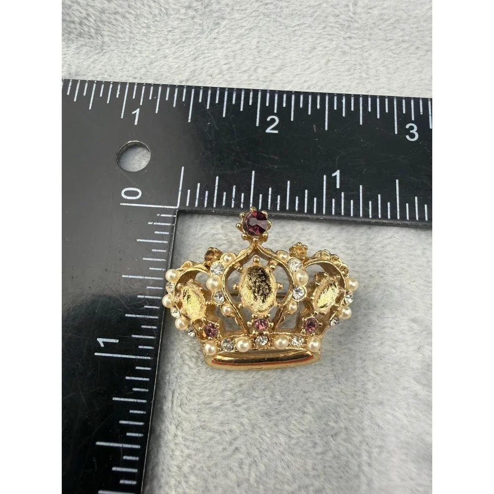 Vintage Crown Brooch Screw Back Earrings Set Rhinestone Pink‎